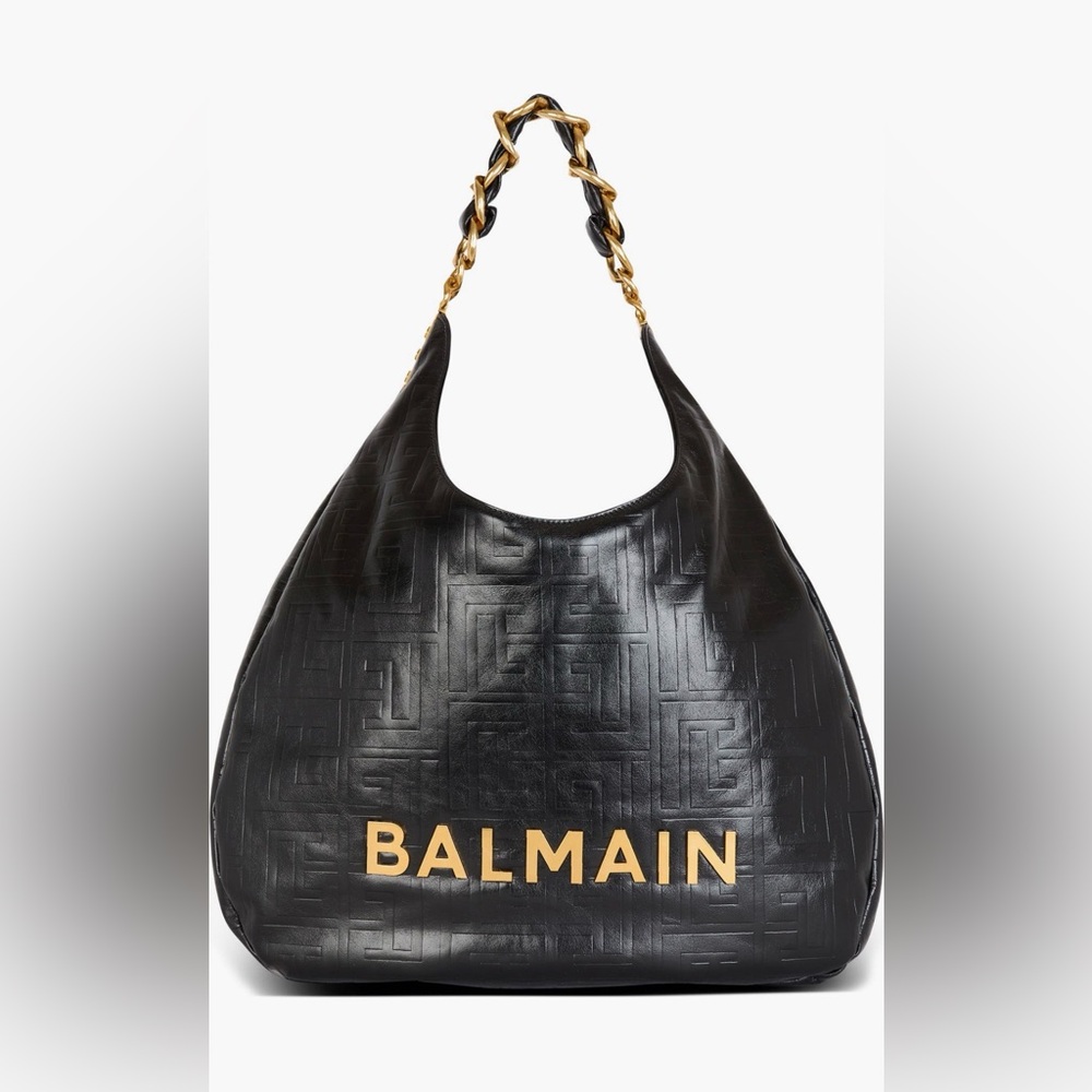 Balmain 1945 Soft Monogram Embossed Black Leather Logo Hobo Bag with Gold Chain
